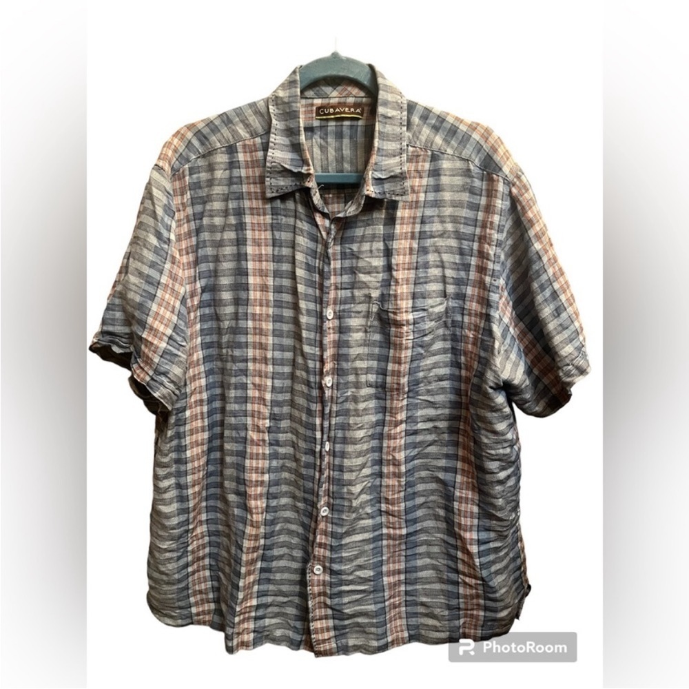 LINEN CUBAVERA Men's Arctic Copen Blue Plaid Casual Dress Shirt SZ XL Travel EUC